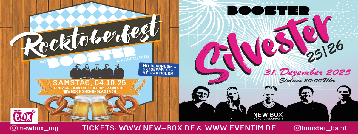 Banner für das Rocktoberfest am 04.10.2025 und für die Silvesterparty im Booster 